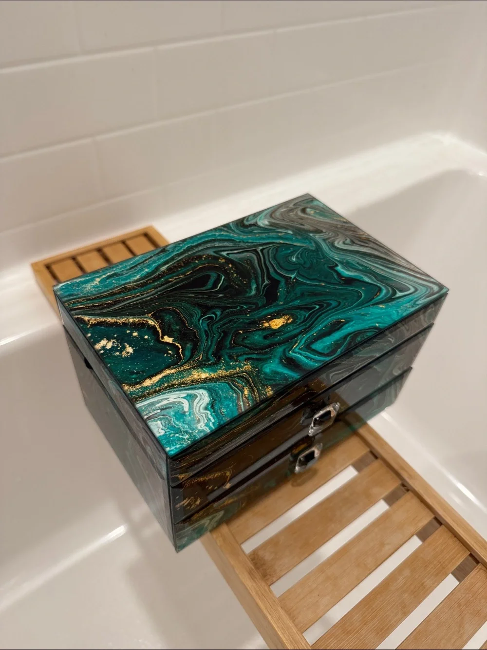 Decorative Marble-Effect Jewelry Box in Teal and Gold - Brand Unspecified